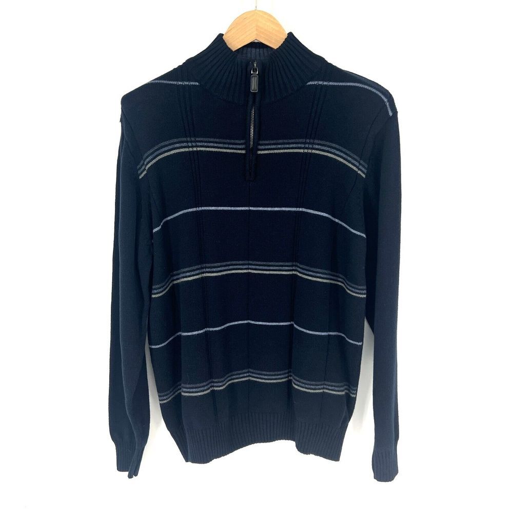 OSCAR DE LA RENTA Quarter Zip Pullover Sweater Mens Size L Navy Striped Cotton